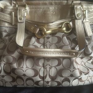 Coach Khaki Signature Canvas Tote with Metallic Gold Trim